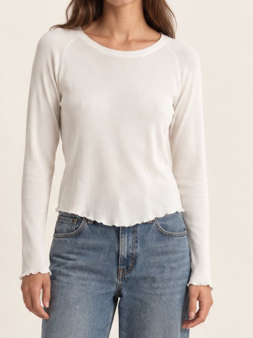 We The Free White Ribbed Raglan Long Sleeve Lettuce Hem Top XL NWOT